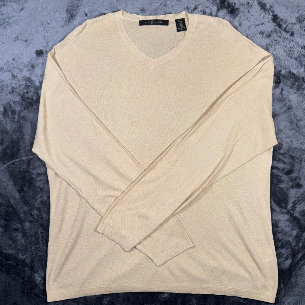 Northern Isles Premium Mens XL Tan Silk Cotton Blend V-Neck Sweater Beige Knit - Picture 2 of 14